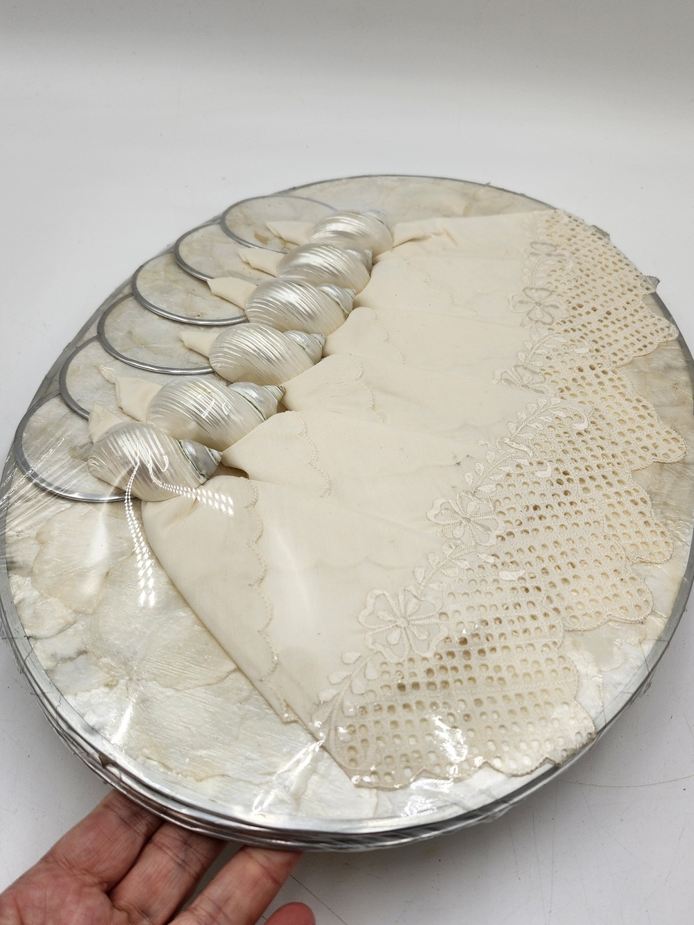 Vintage Mother of Pearl Shell Placemat Coaster Napkin Ring Set New Capiz - Picture 6 of 12